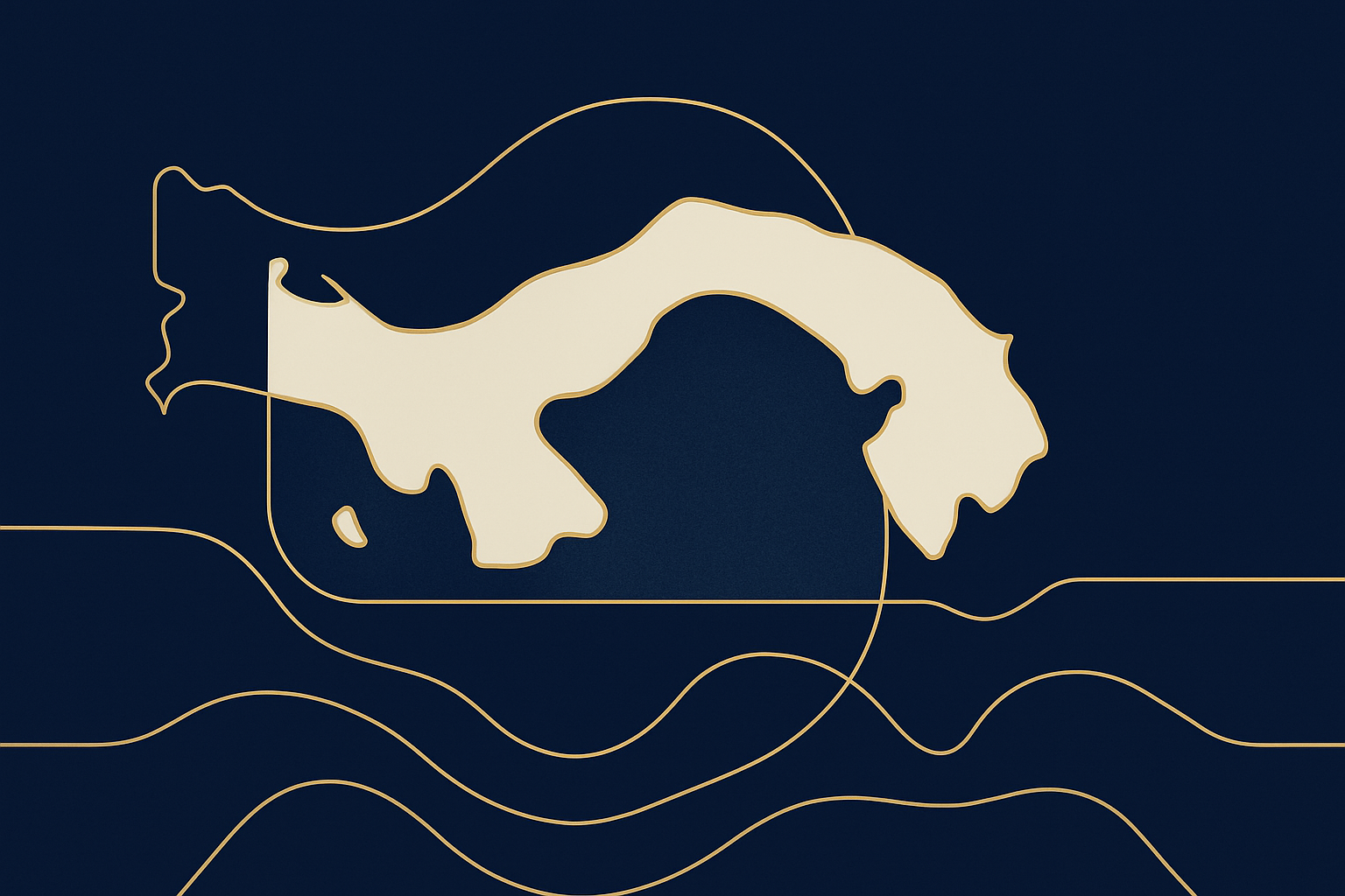 Abstract editorial design with navy, gold and white shapes suggesting legal guidance in Panama
